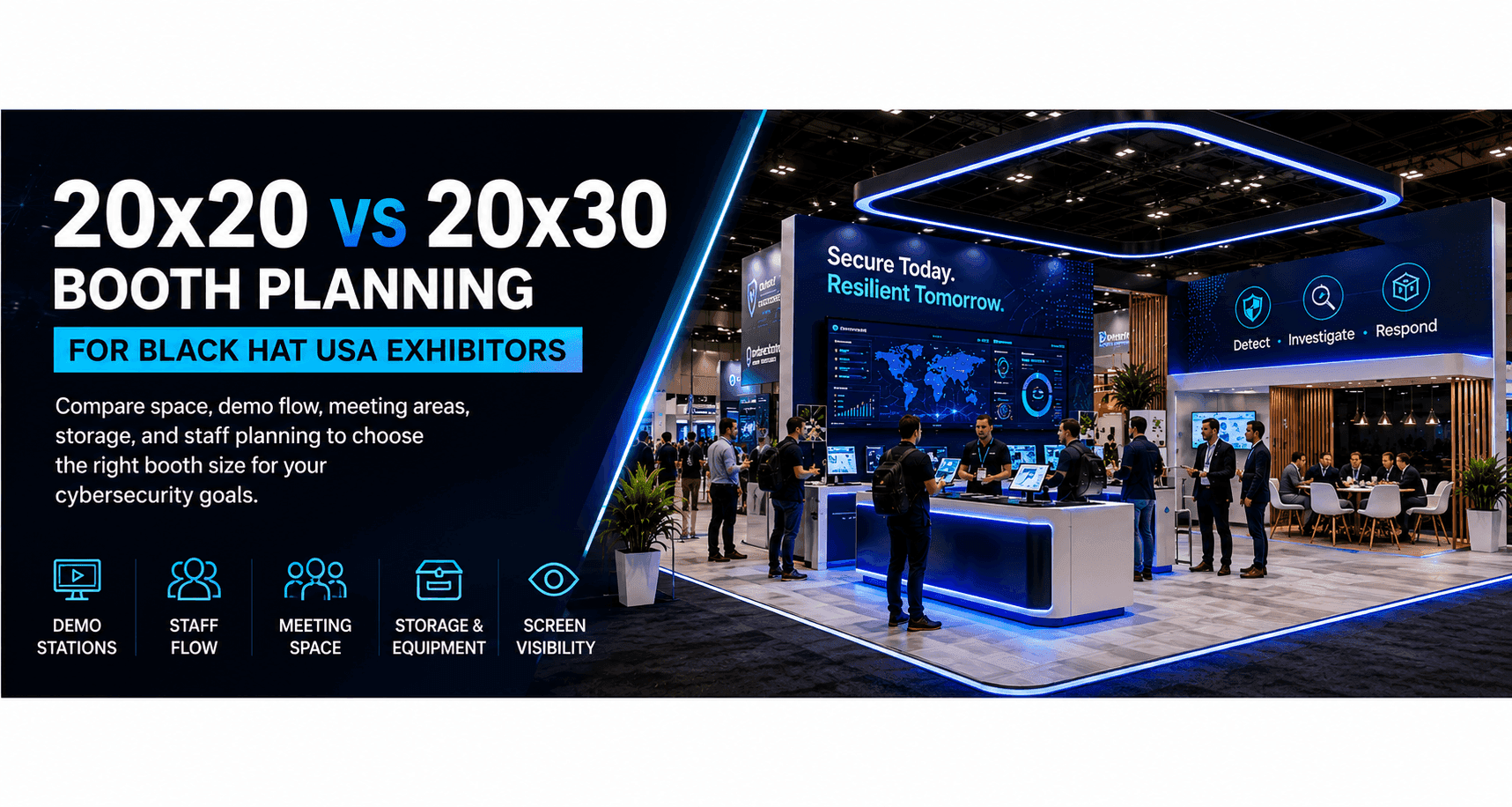 Black Hat USA 20x20 vs 20x30 booth planning comparison for cybersecurity exhibitors with screens, demo stations, meeting space, and staff flow