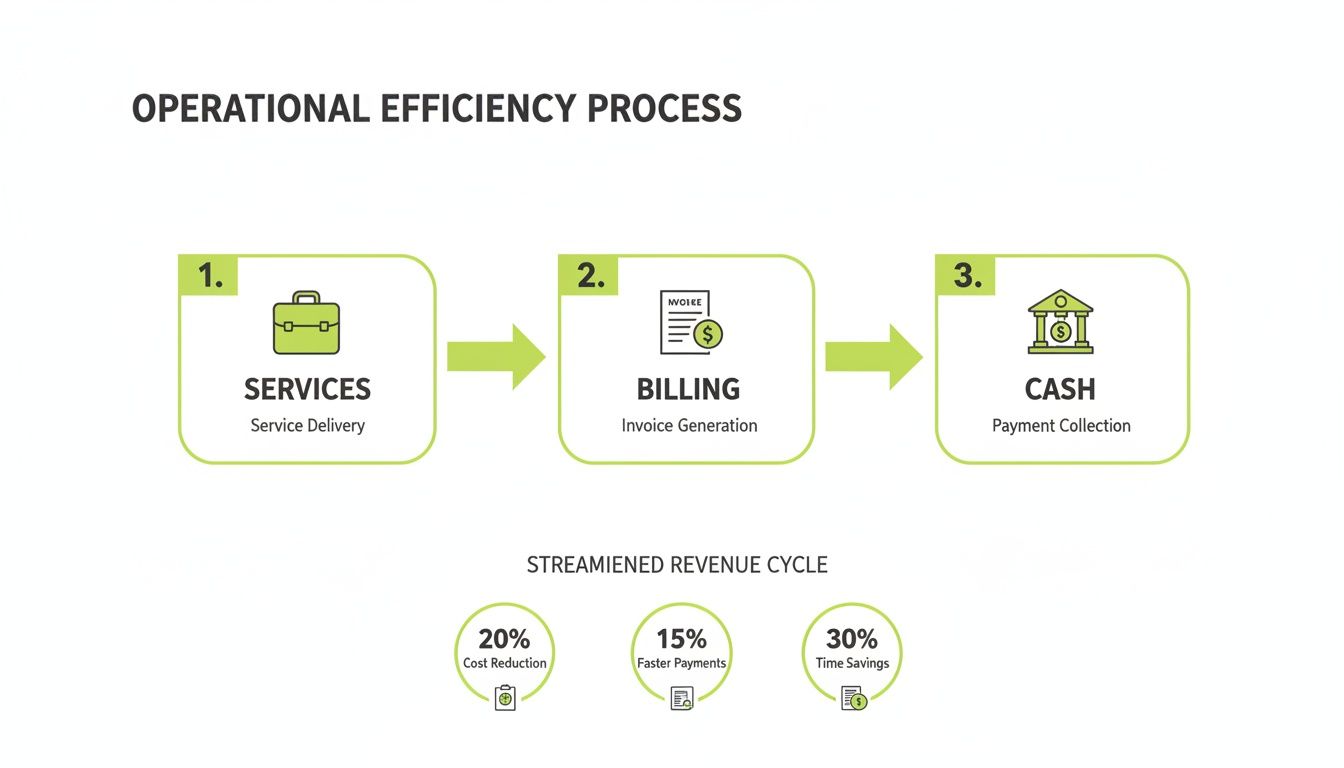 Diagram showing operational efficiency process steps from services to cash, highlighting cost, payment, and time savings.