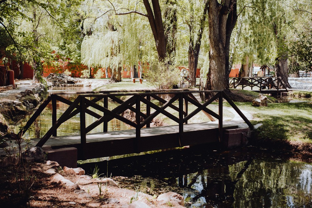 Wooden bridge over a calm pond at a garden wedding venue shaded by weeping willow trees and lush greenery