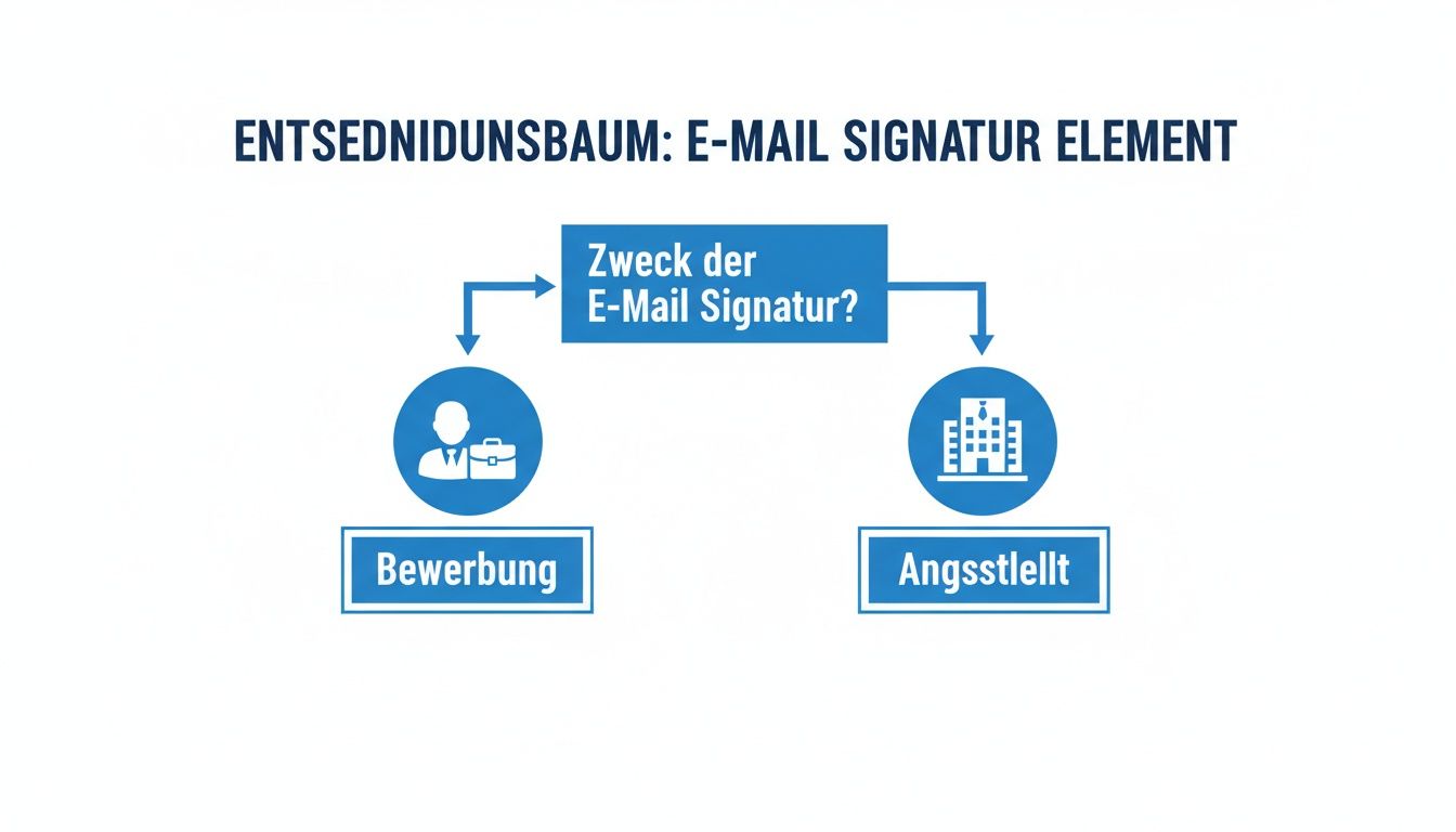 Flussdiagramm zum Zweck einer E-Mail-Signatur, unterscheidet zwischen Bewerbung und Anstellung.