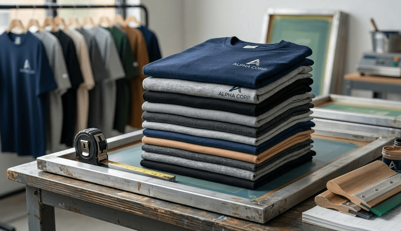 Pilha de camisetas personalizadas prontas para produção em mesa de estamparia