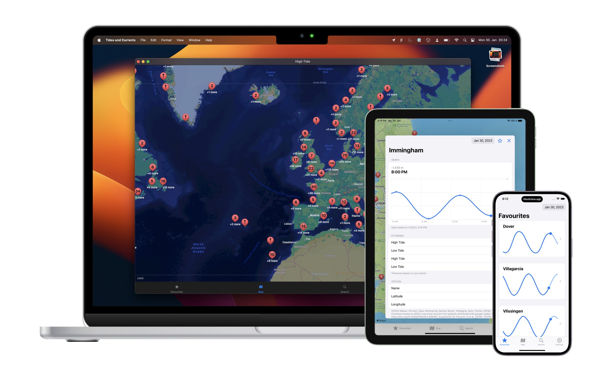 macbook pro showing a map of the norther atlantic where thousands of tide stations are marked