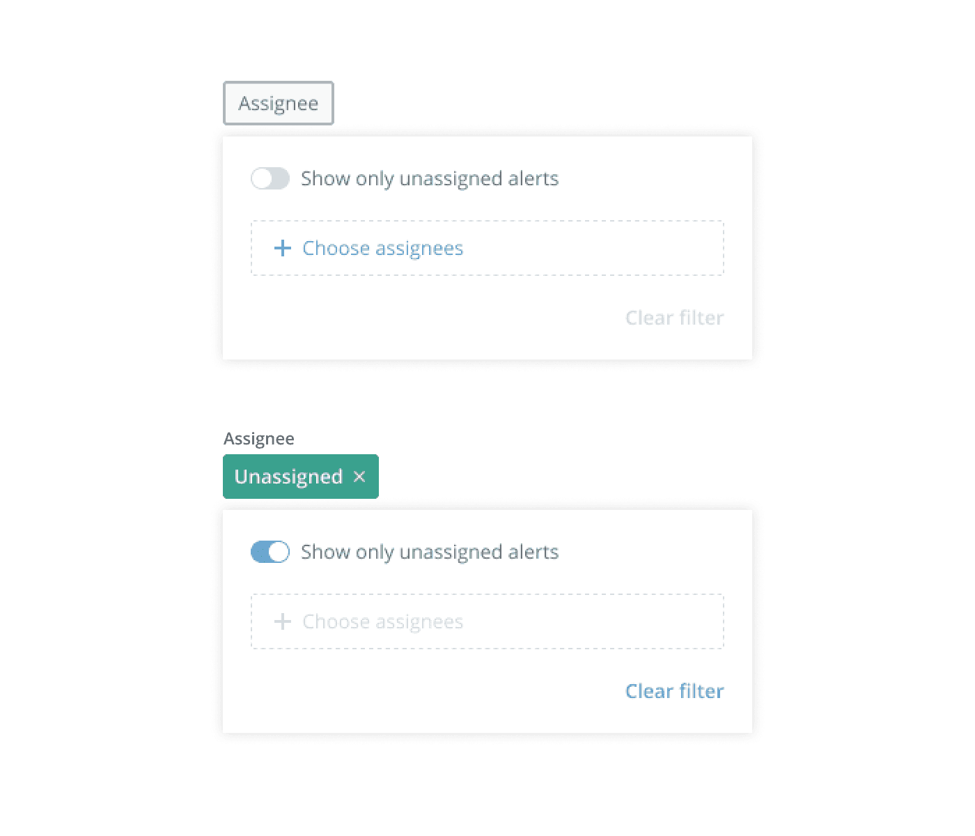 Interface detail showing an examples of an "Assignee" filter in empty and full states