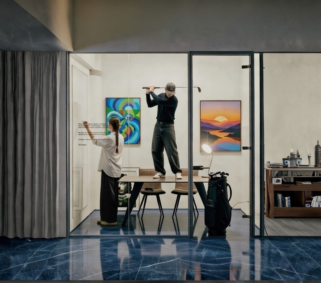 Two men discuss a project while standing at a laptop in an office.