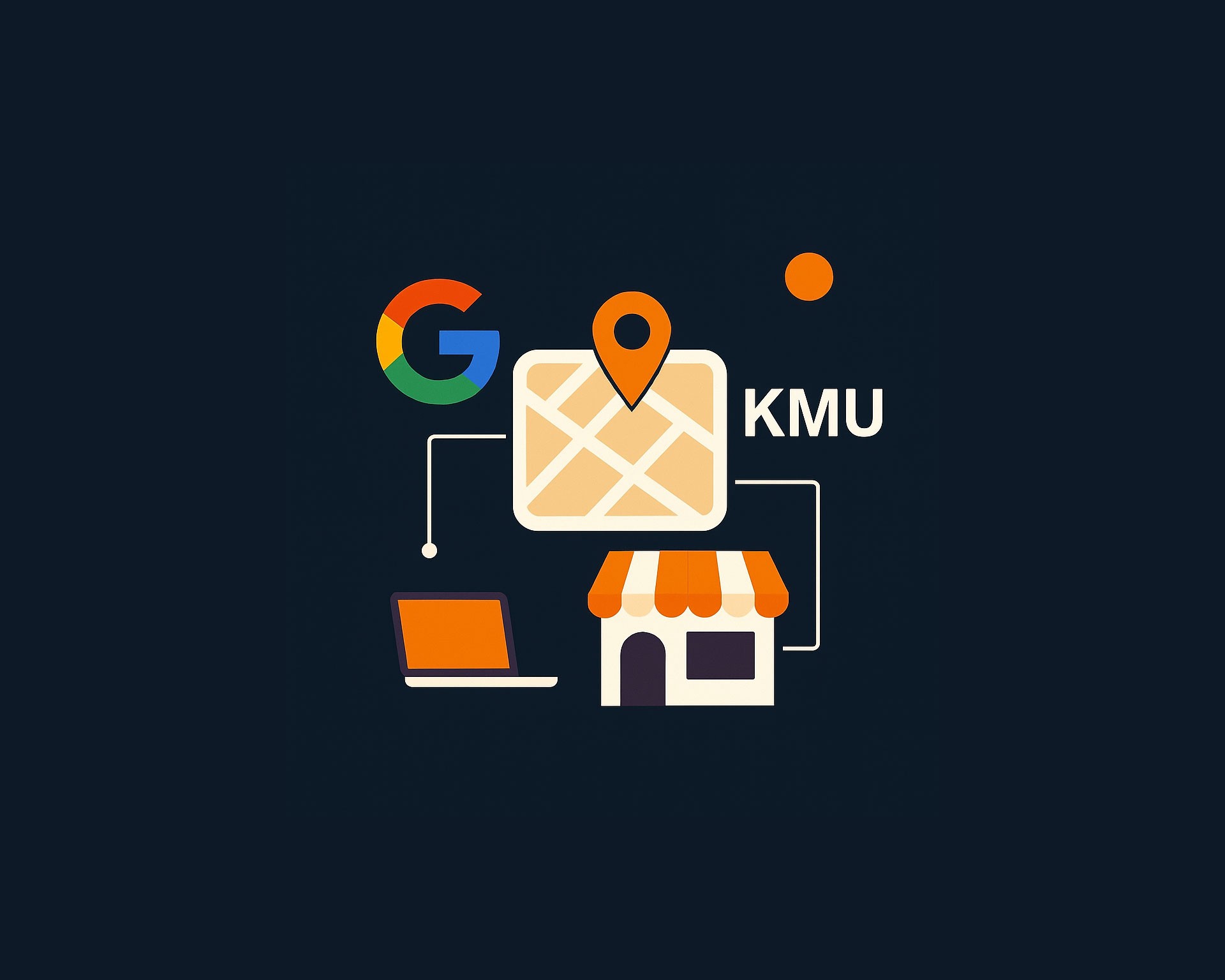 Illustration Google Business Profil für KMU – lokale Sichtbarkeit mit Standort-Pin, Karte, Laptop und Laden-Symbol in der Schweiz und Liechtenstein