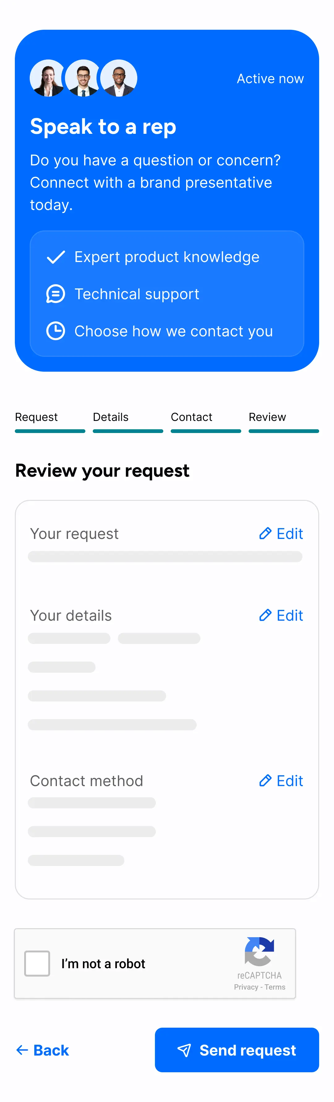 Example of the new request a rep functionality featured on the HCP websites. The new form imagines conventionalism.