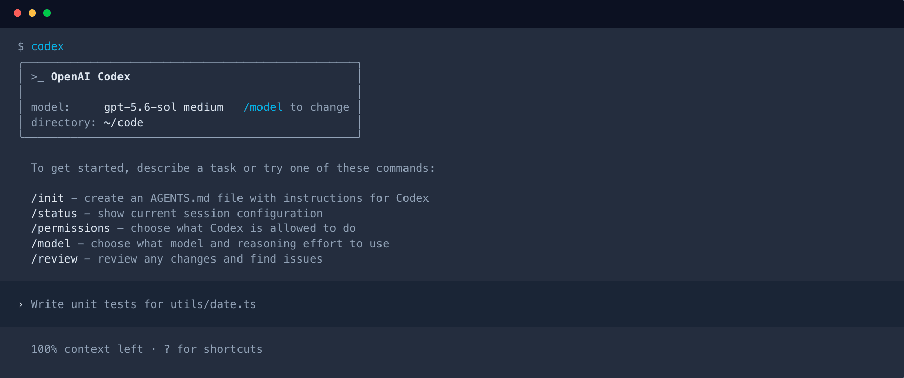 OpenAI Codex CLI running in a terminal with options for reviewing code, changing permissions, and selecting a model.