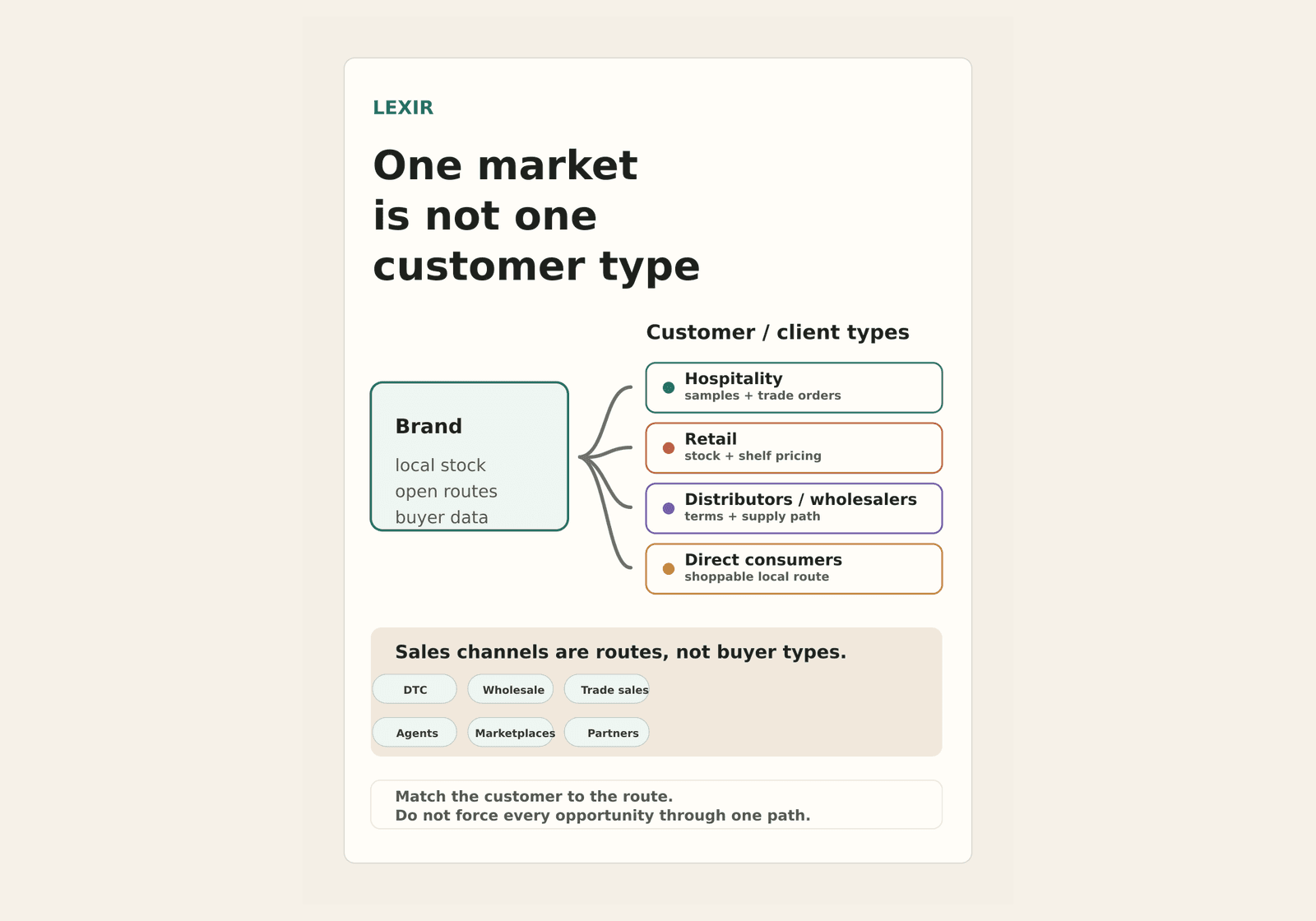 Lexir visual showing one drinks brand serving different customer types through different sales routes.