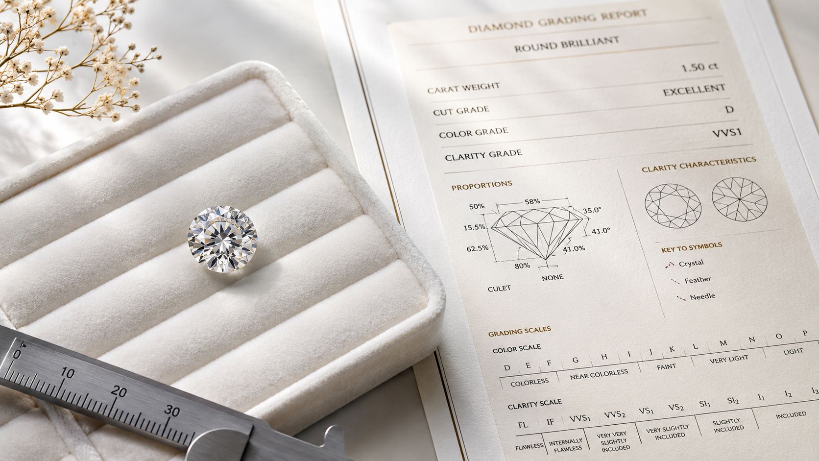 A loose round brilliant diamond displayed next to its official diamond grading report and measuring caliper.