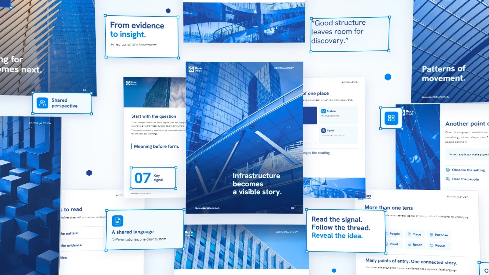 Illustrative KoreInside editorial collage with three central brochure pages, blue architectural photography, modular components, and visible selection outlines.