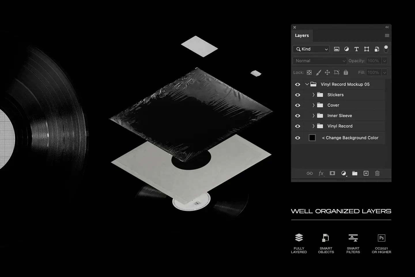 Vinyl record mockup Photoshop template with smart objects and organized layers
