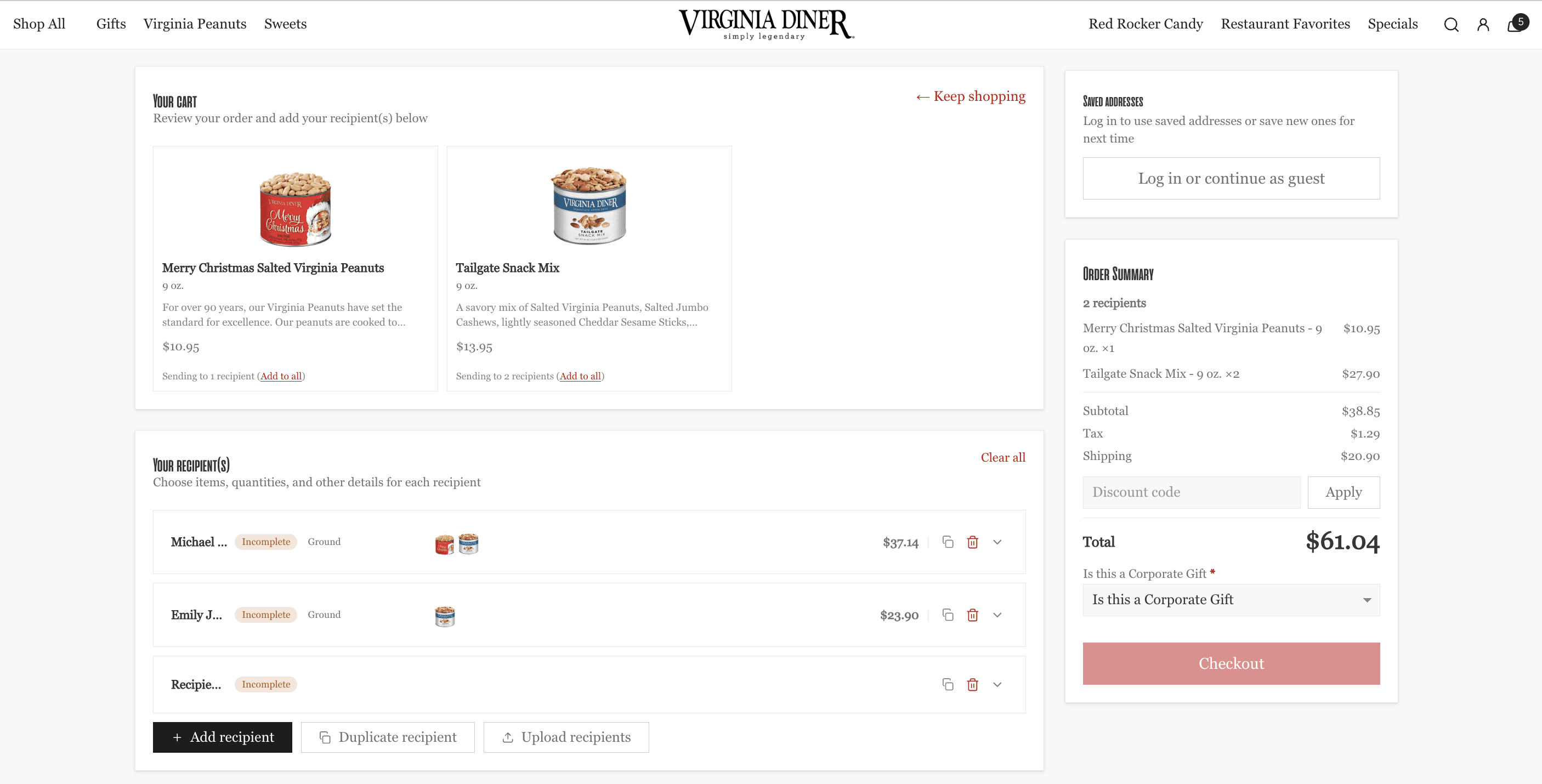 The Virginia Diner multi-recipient gifting page