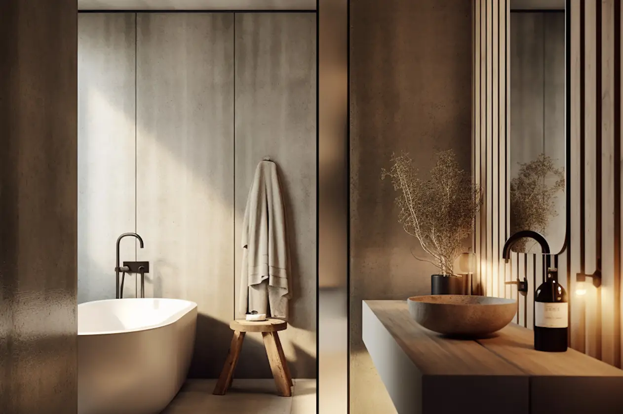 Modern luxury bathroom with freestanding tub and wood vanity.