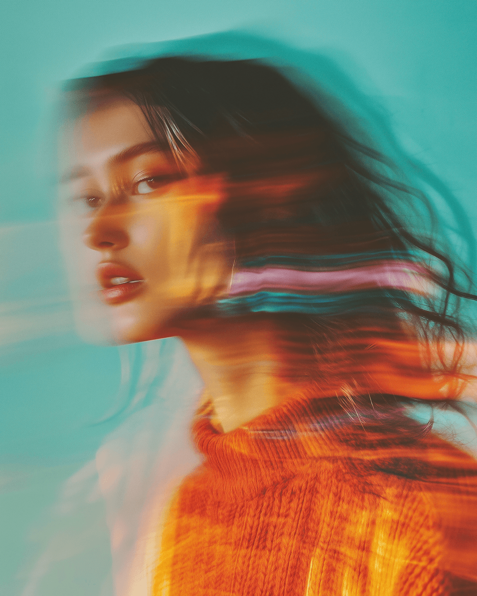 A person with long hair is captured in a vibrant, blurred portrait with colorful light effects.