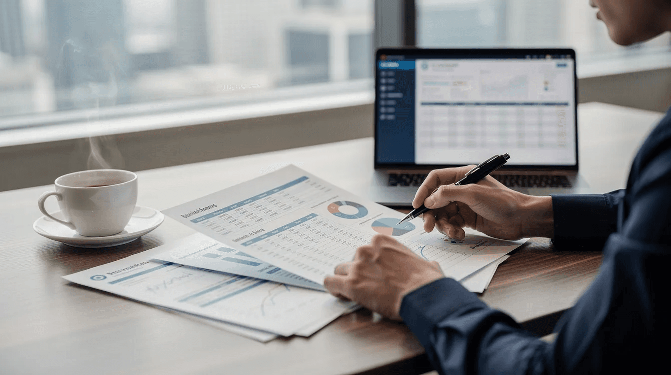 A person is seated at a desk, reviewing financial papers next to a laptop and a cup of coffee, focusing on strategies to manage excess cash and maximize returns through sweep accounts. The scene suggests a thoughtful approach to investing and maintaining liquidity in savings accounts and investment accounts.