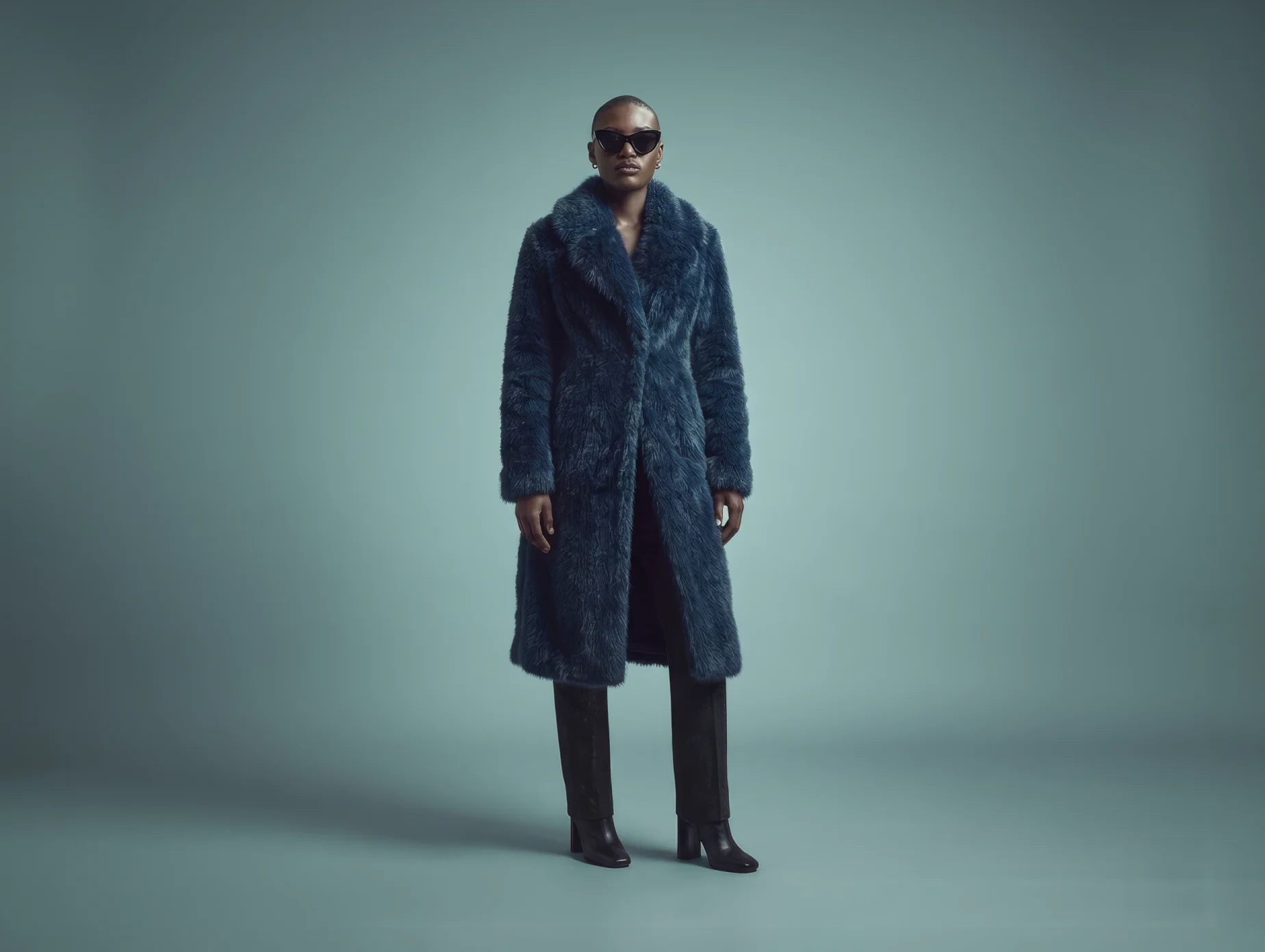 Full-body studio portrait of a model wearing a long textured coat from Holloway fashion label.