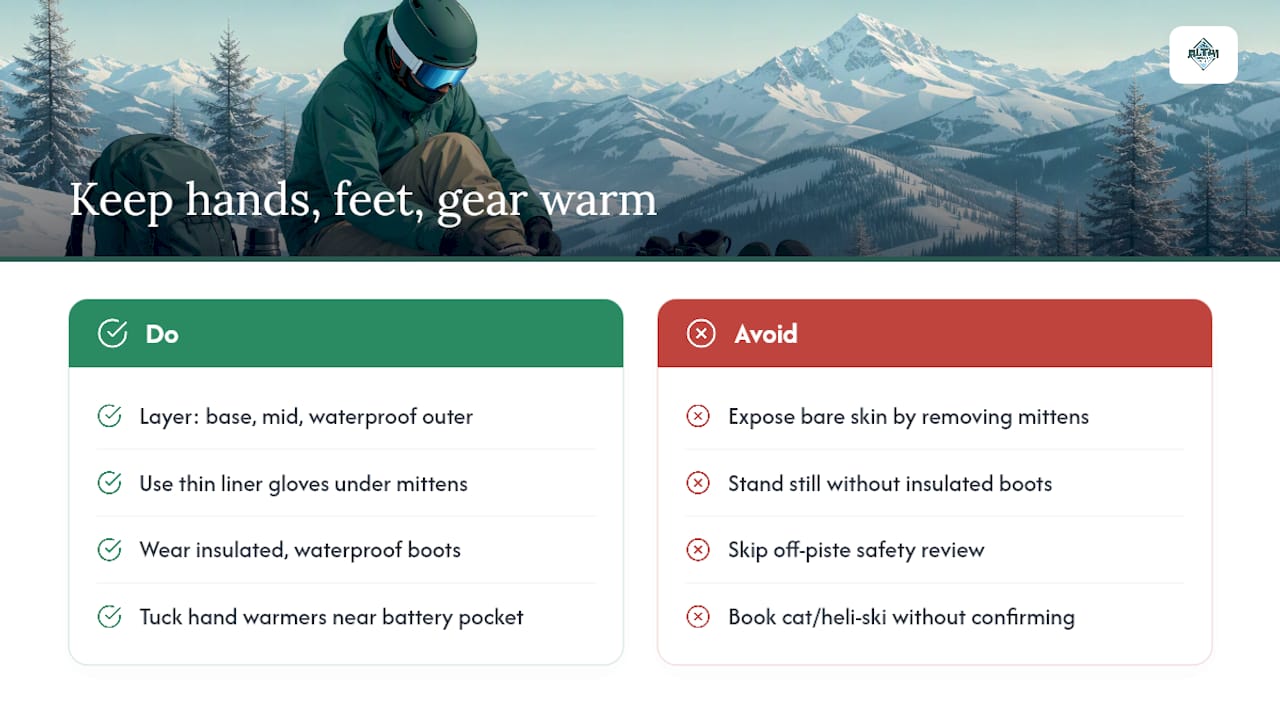 Illustrated overview of cold-weather clothing and camera preparation for a ski photography session