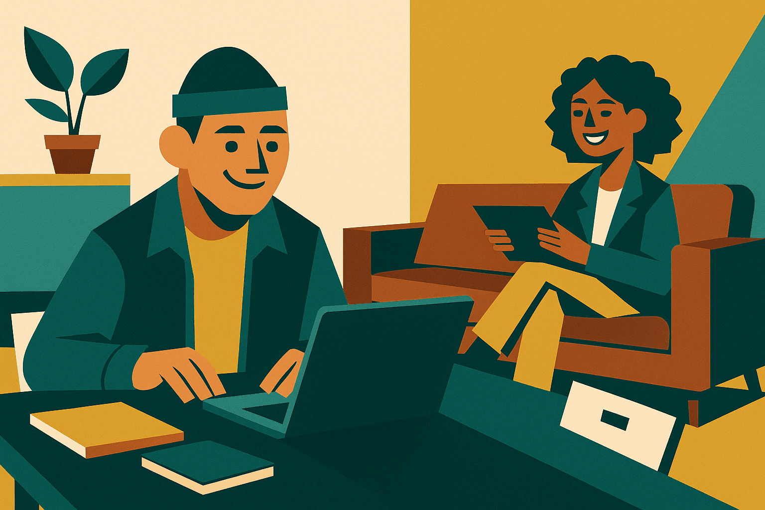 Due persone che lavorano in un ambiente rilassato, tra scrivania e divano, simbolo di equilibrio tra vita e lavoro.