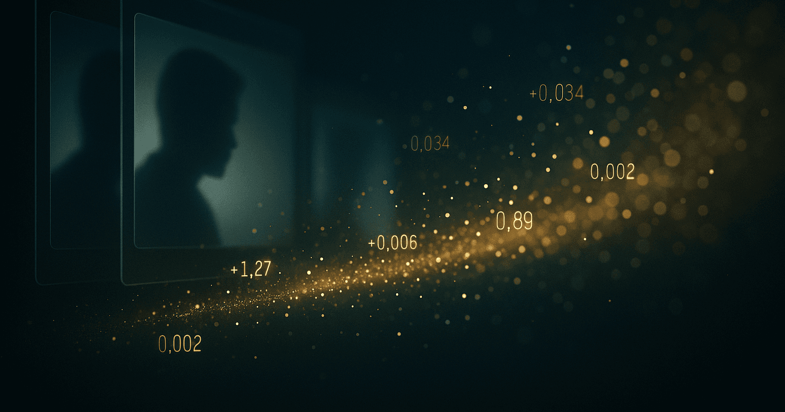 Abstract digital artwork showing duplicated video frames fading into darkness with glowing numeric data streams, symbolizing lost revenue and invisible monetization in the creator economy; cinematic gold and teal lighting on a dark background.