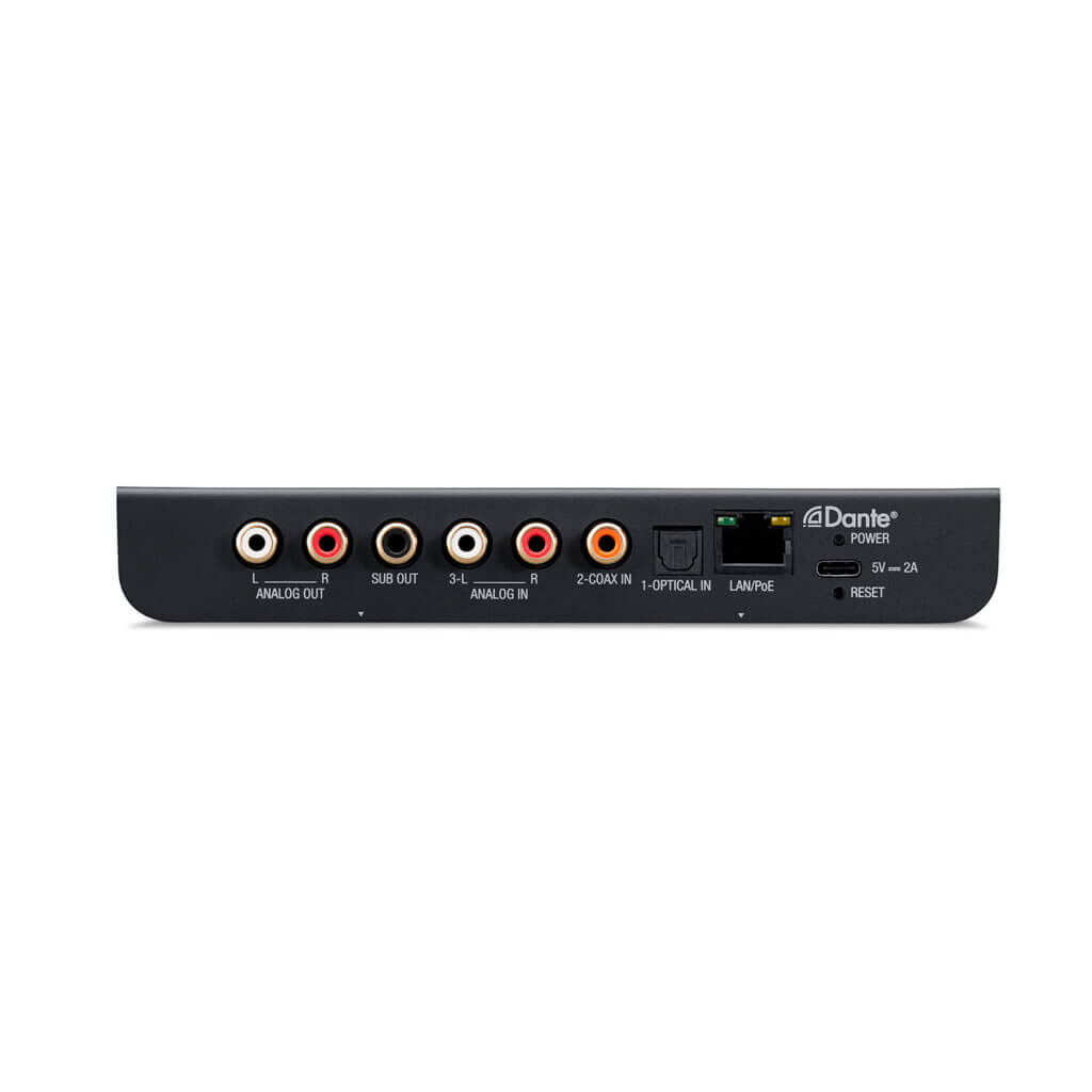Audio device rear panel with analog and digital ports.