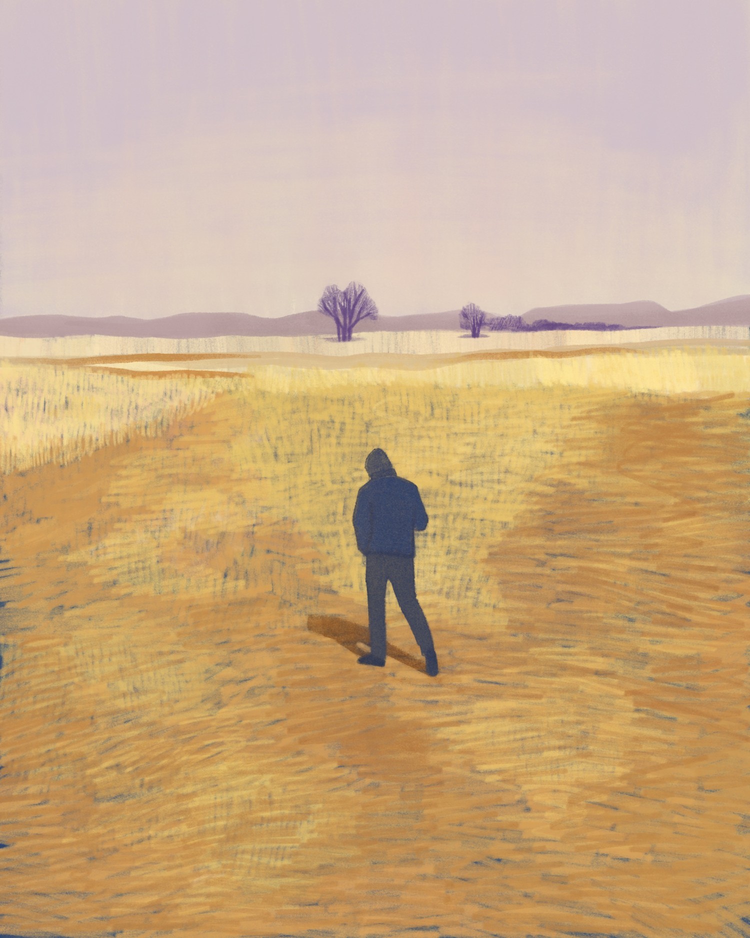 Lone figure walking across a golden field towards distant trees under a pale sky — "Somewhere" by Katarzyna Księżopolska
