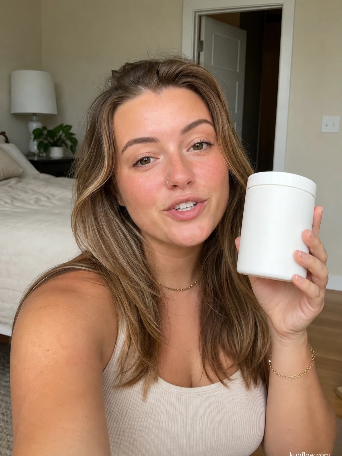 UGC-style photo: wellness creator, in a clean bedroom, holding a plain wellness product while talking to camera, casual handheld angle.