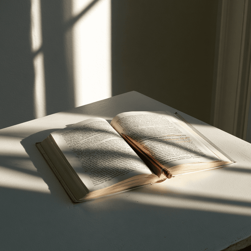 An open copy of the Enchiridion on a plain desk with a pencil beside it