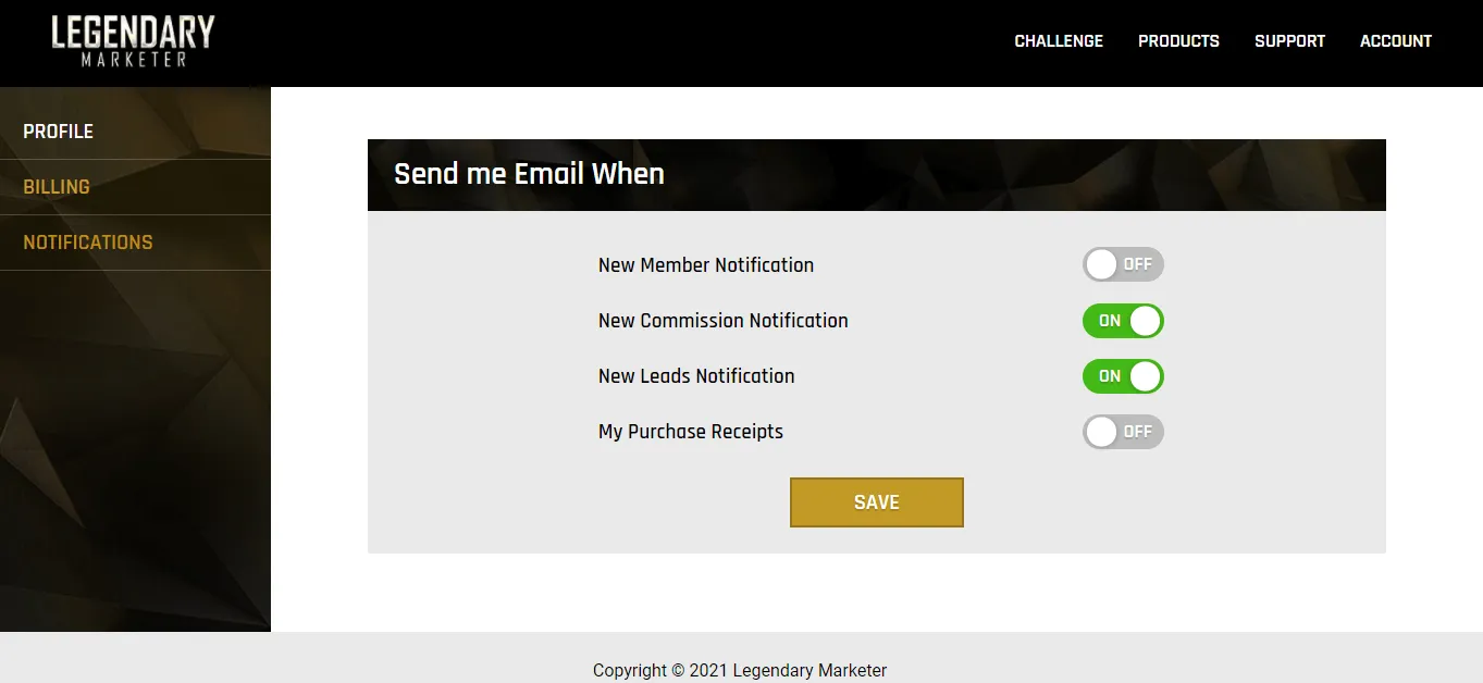 Notification management options inside the legendary marketer program's settings.