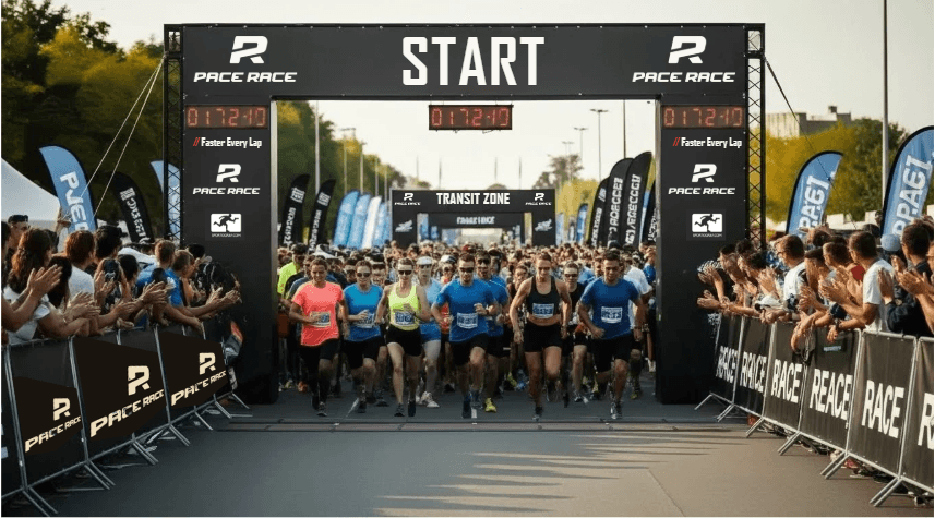 Starter*innen beim Pace Race Lauf gehen auf eine der 1.000m Runden (genriert mit KI)