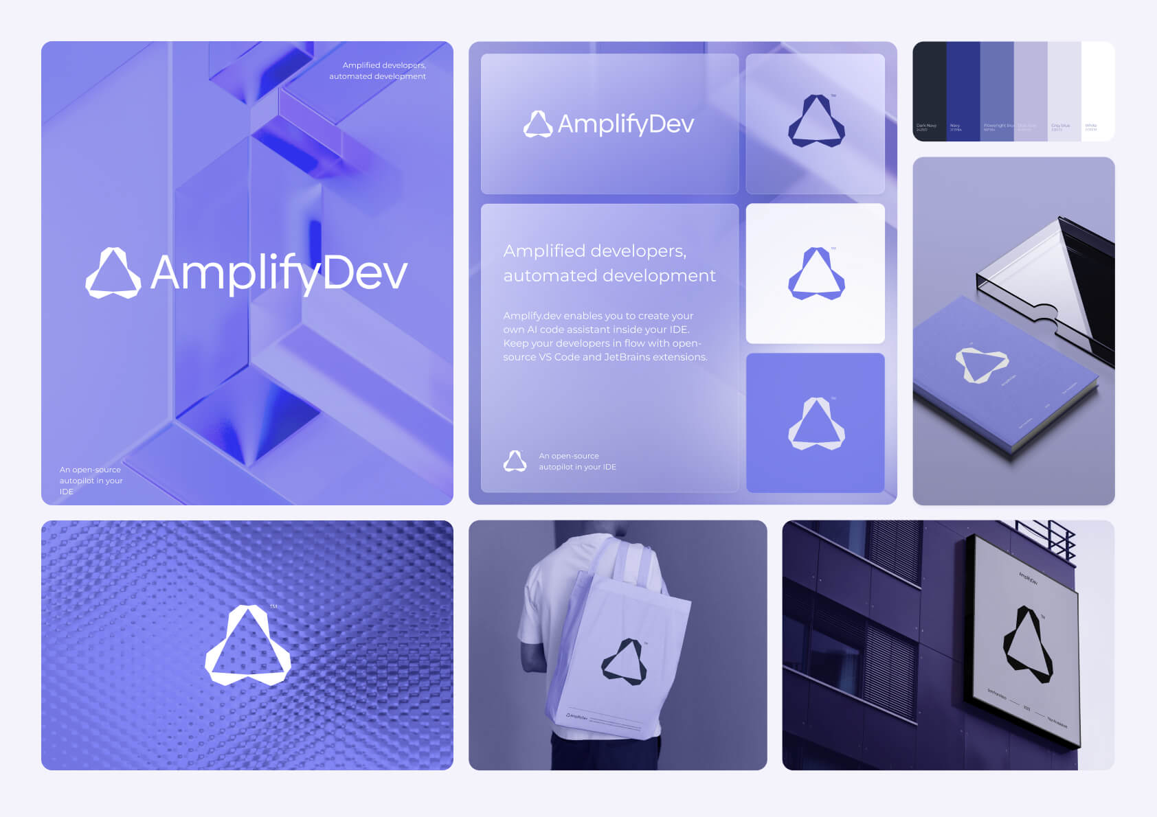 Visual presentation of the AmplifyDev brand designed by Teresa Chylińska-Kur, featuring a mature, minimal aesthetic with soft gradients, prism-like textures, and dark navy tones. The layout highlights consistent use of the logo, glassmorphism effects, and key brand components across digital and physical applications.