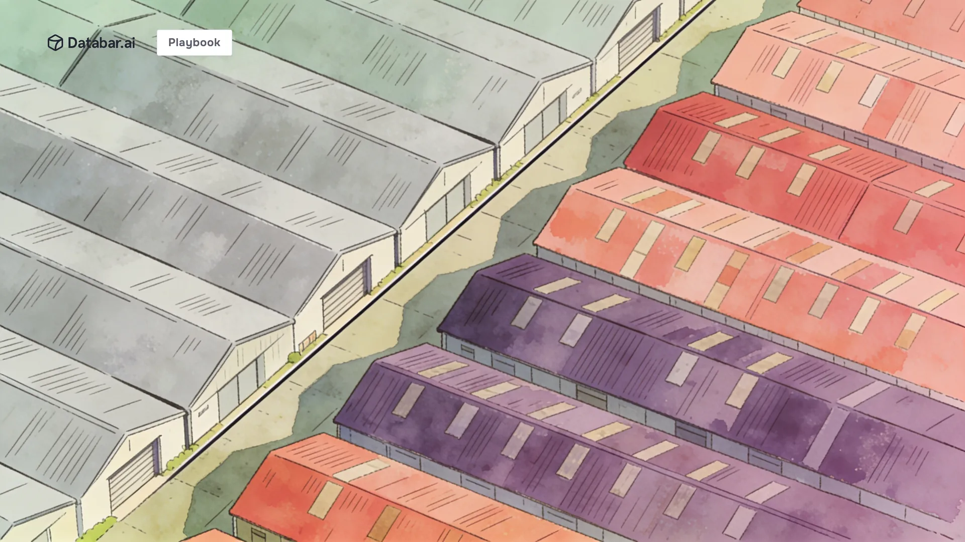 Aerial illustration of grey roofs gaining colour past a line — enabling SDRs with data enrichment