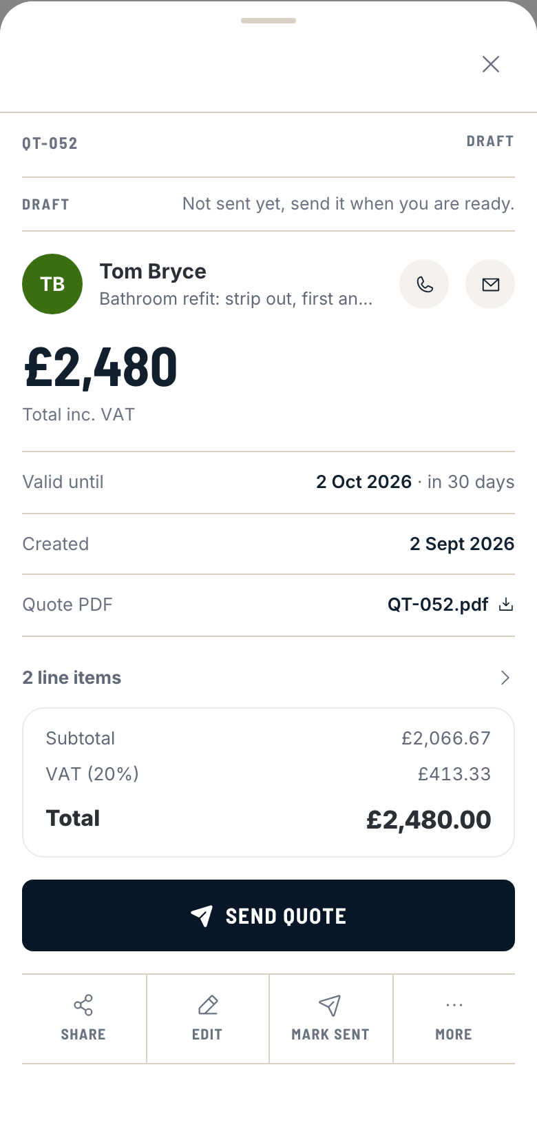 TradePilot quote for Tom Bryce’s bathroom refit, £2,480 including VAT.