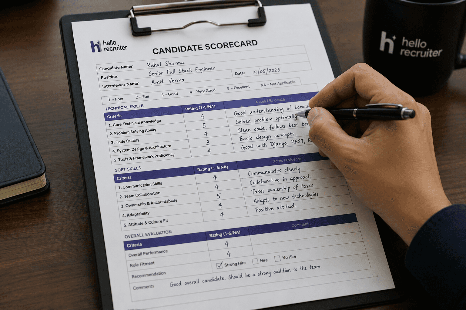 Interviewer filling out a structured candidate scorecard