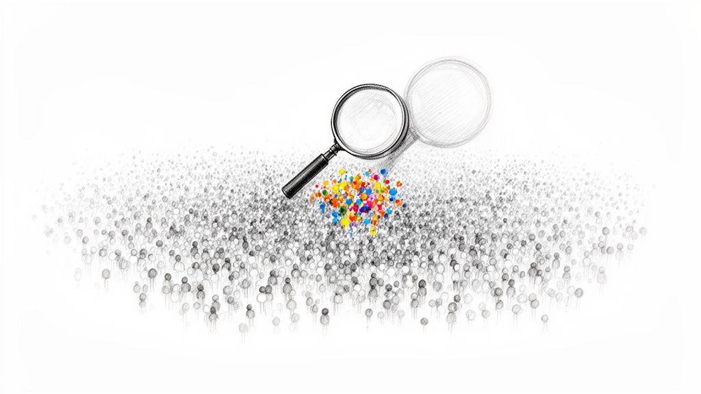 A magnifying glass highlights a vibrant, colorful cluster of dots among a large group of gray dots.