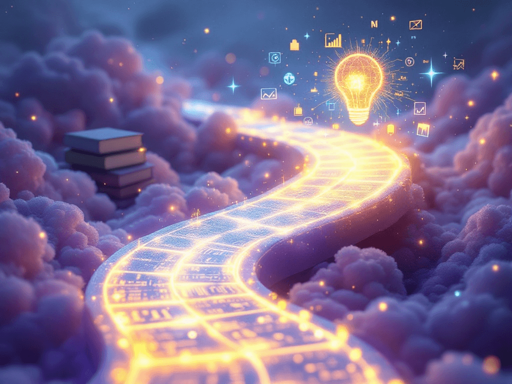 A dreamy 3D illustration of a glowing, winding path that leads from a stack of mathematical books to a futuristic machine. The path is illuminated with floating symbols of data analysis and algorithms, creating an inspiring and ethereal atmosphere. Soft colors of purple, blue, and gold enhance the sense of progress and discovery, symbolizing the journey from statistics to machine learning