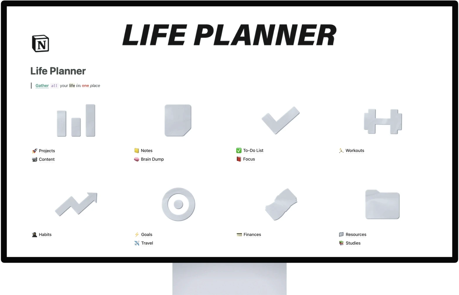 Homepage of the Life Planner template displayed on a computer screen, showing its 13 key features such as project manager, habit tracker, finance, and more—all organized in one place.