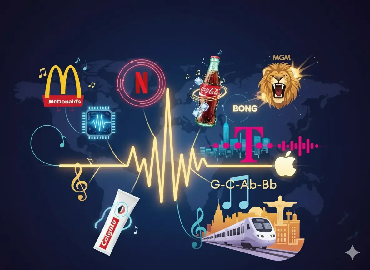 A visual representation of the power of sonic branding with iconic brand logos and accompanying sounds, including McDonald's and Netflix.