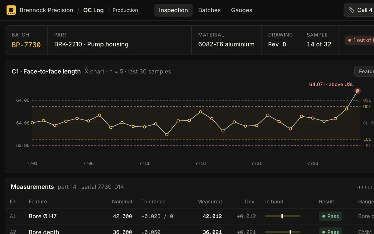 QC Log app in dark mode: measured dimensions against spec, pass and fail tags and a control chart.
