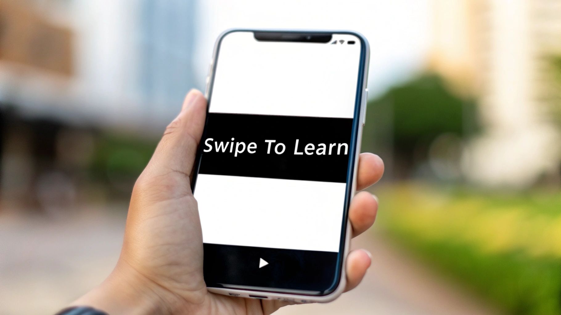 A hand holds a smartphone displaying 'Swipe To Learn' in white text on a black banner, with a play icon below.