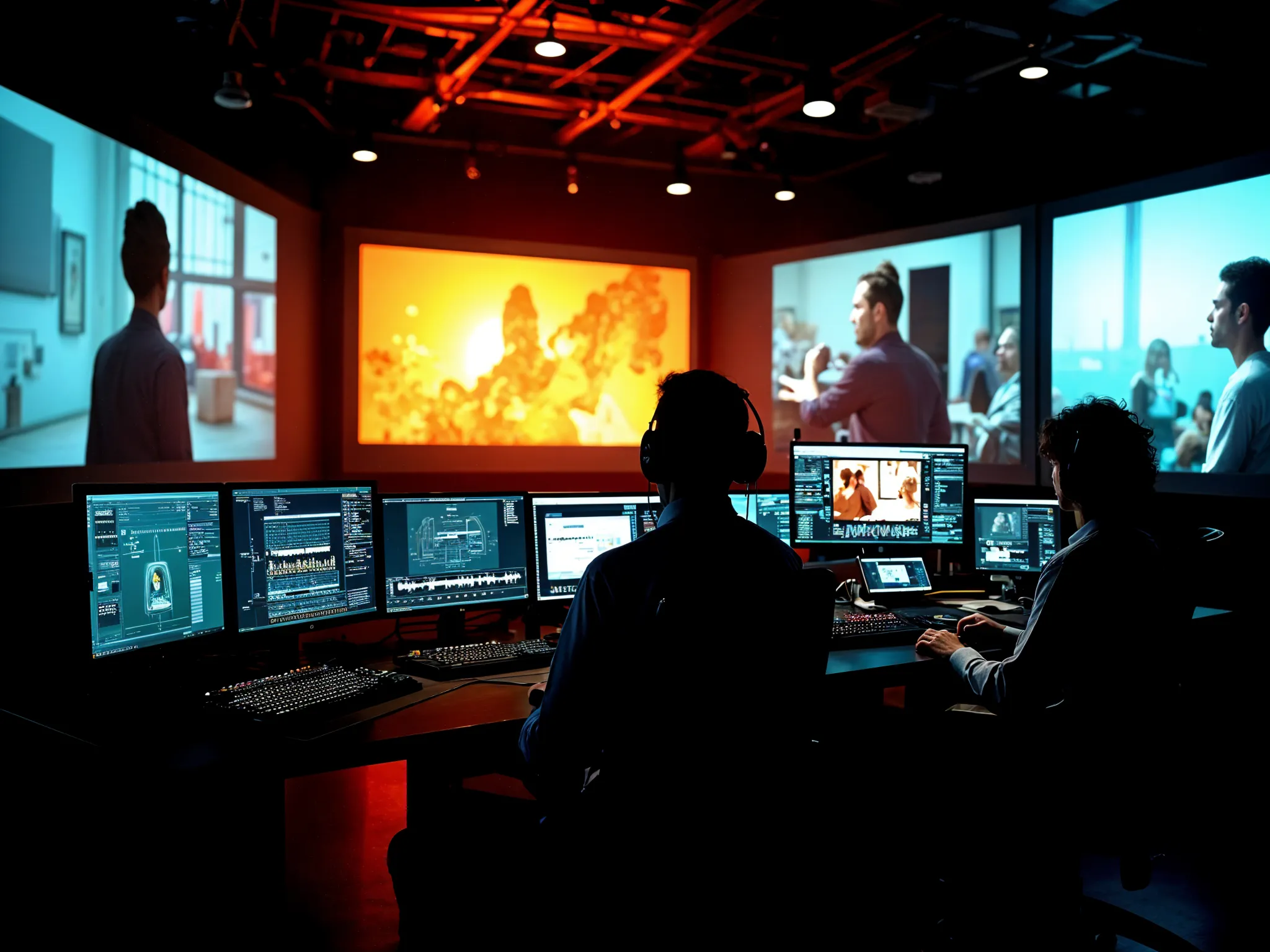 "What We Do" section for a YouTube Ads service, titled "End-to-End YouTube Ad Dominance," listing services like AI-Optimized Ad Creation, Precise Audience Targeting, YouTube Automation Suite, Competitor Ad Cloning, and Multi-Platform Amplification, within a control room setting.