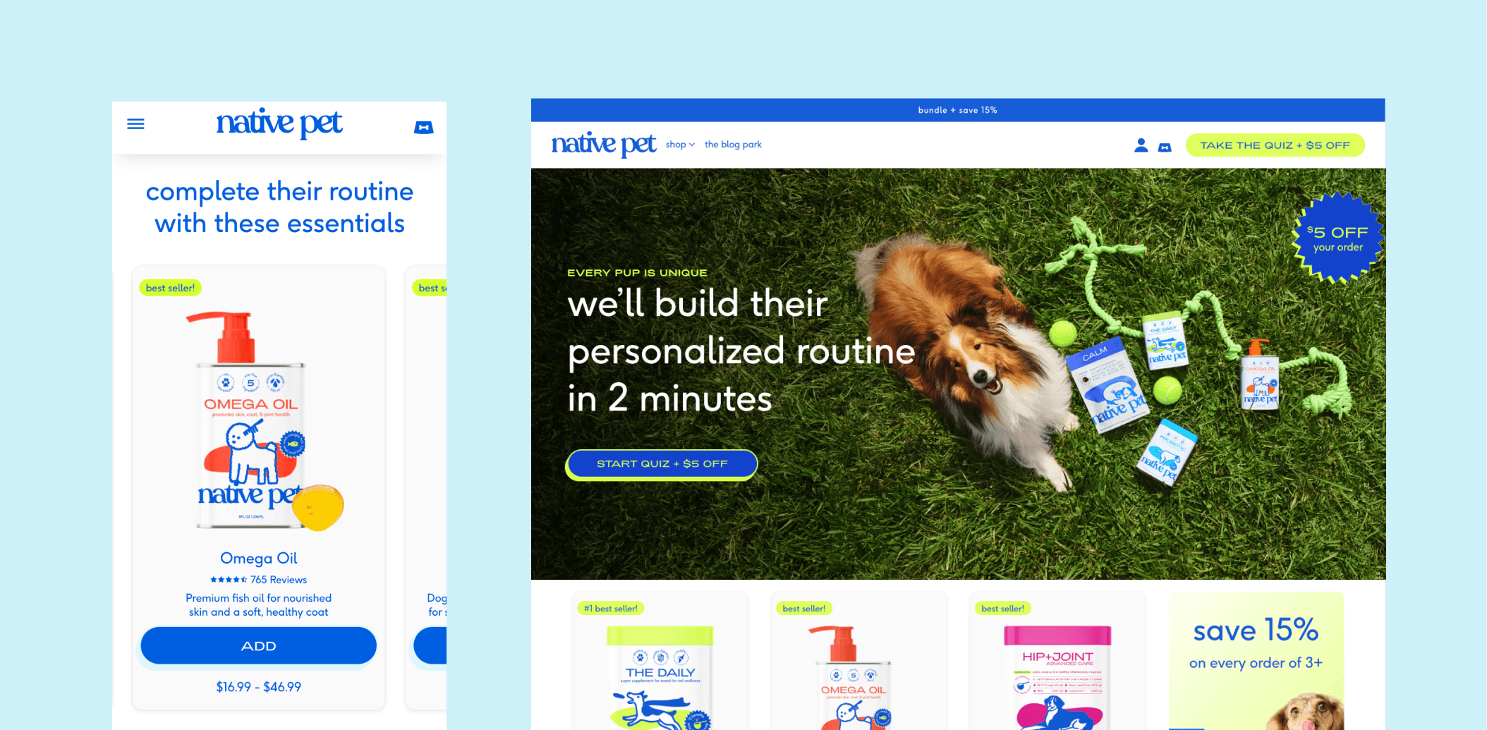 Native Pet Shopify homepage showcasing pet supplements and product education