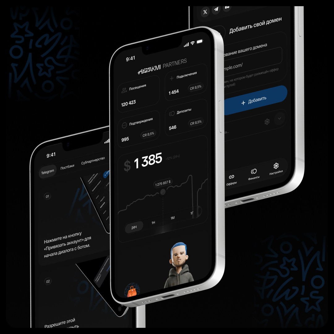 Mobile dashboard UI mockup with analytics stats, revenue graph, and dark fintech interface