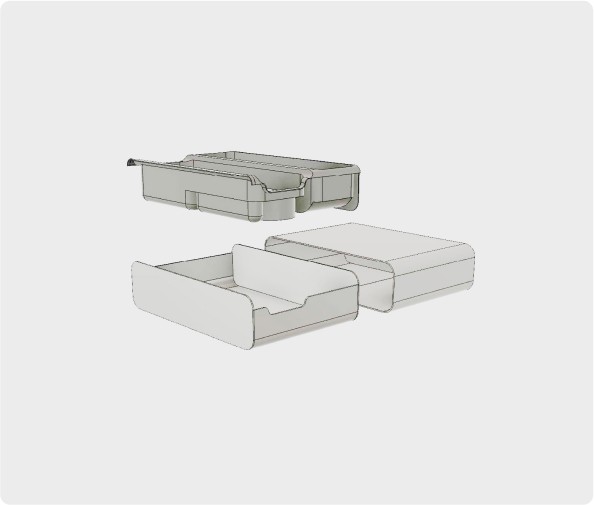 CAD view of a cannabis organizer, showcasing a detailed 3D model of the compartments, storage containers, and layout for efficient organization and use.