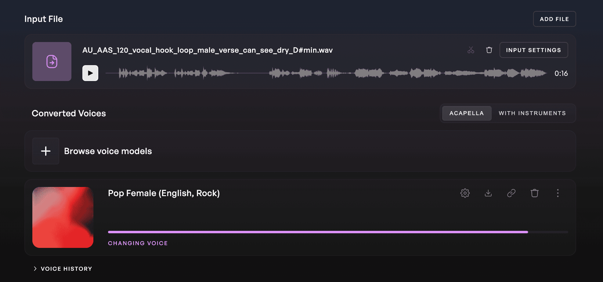 Voice conversion page with the male synth pop model selected
