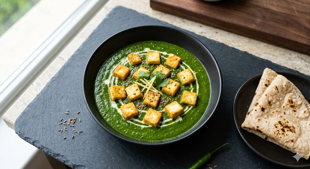 A close-up photograph of vibrant green Palak Tofu Curry with golden tofu cubes, served in a modern black bowl. The dish is garnishes with cream, coriander, and ginger juliennes, with whole wheat rotis on the side.
