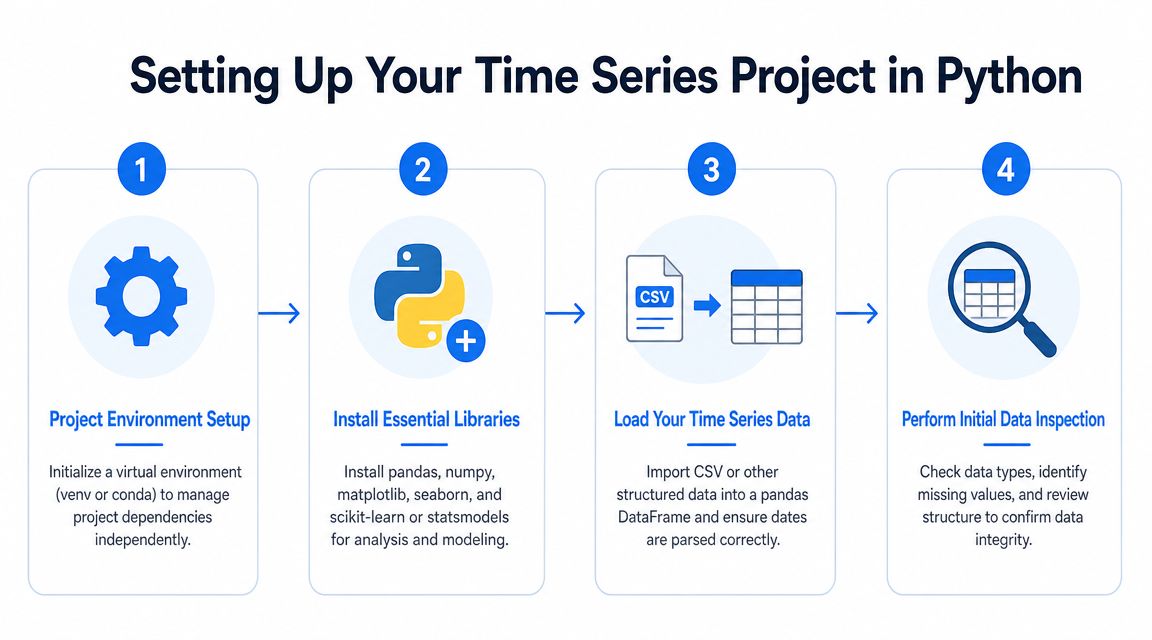 A flowchart showing four steps for setting up a time series analysis project in Python.