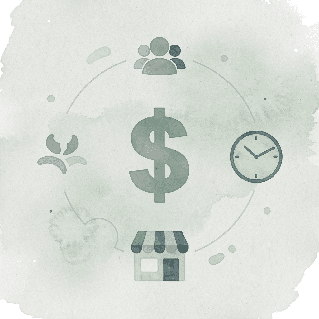 Hub icon diagram with play button at center connected to sales, customer, time, and storefront icons
