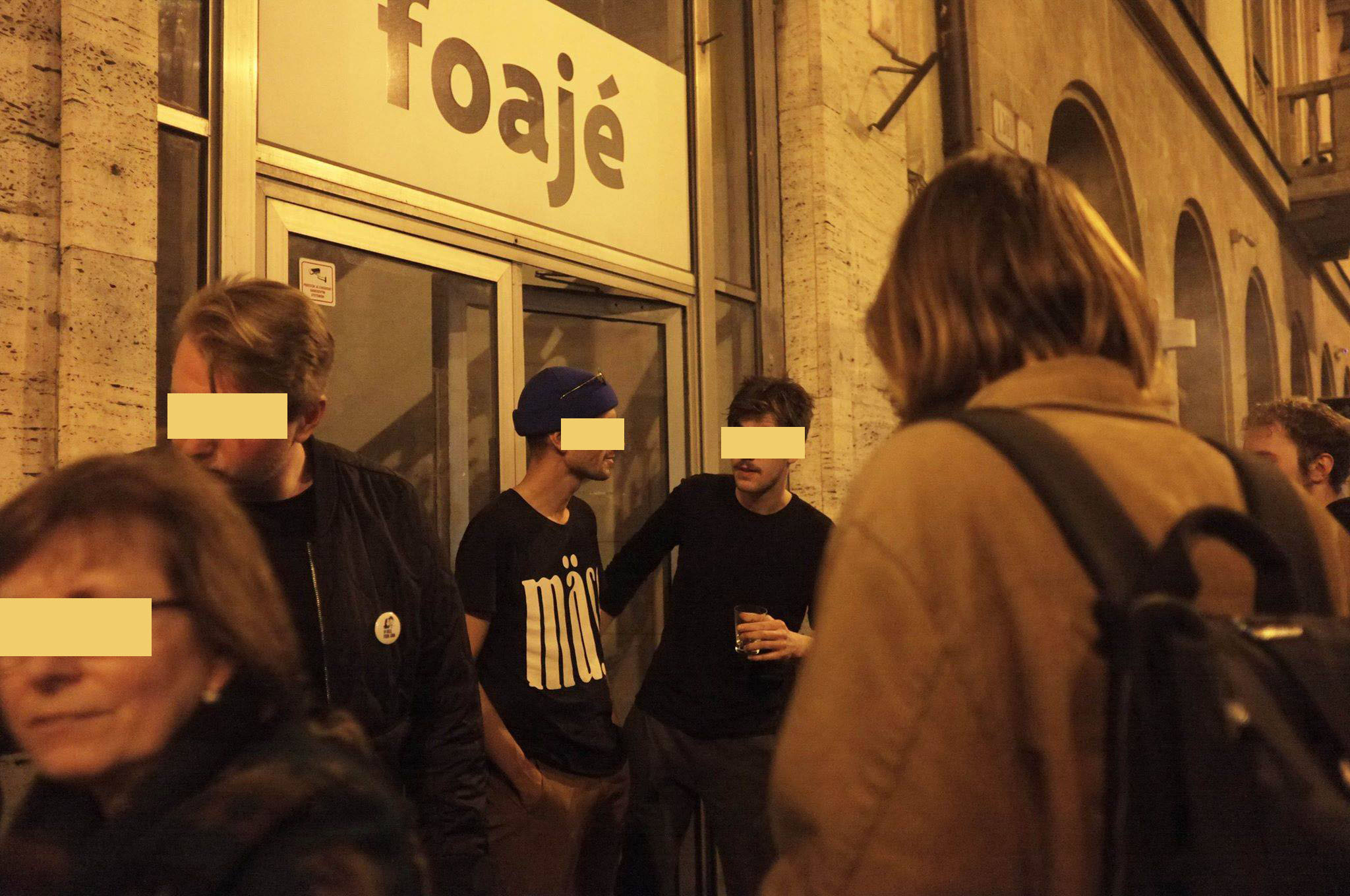 Photograph of people in front of the Foajé cultural hub during a party, with the Foajé logo set in the Deva Ideal typeface.