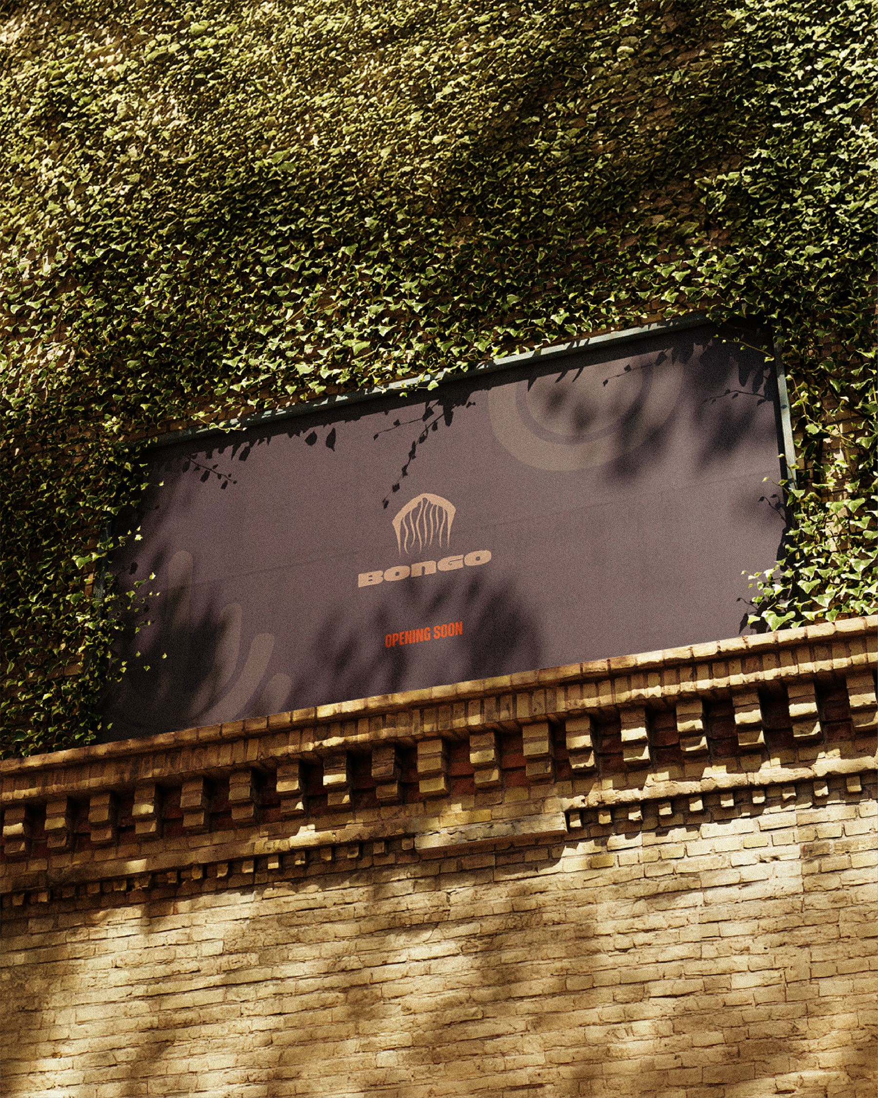 Bongo festive restaurant billboard with wall signage and ivy-covered brick