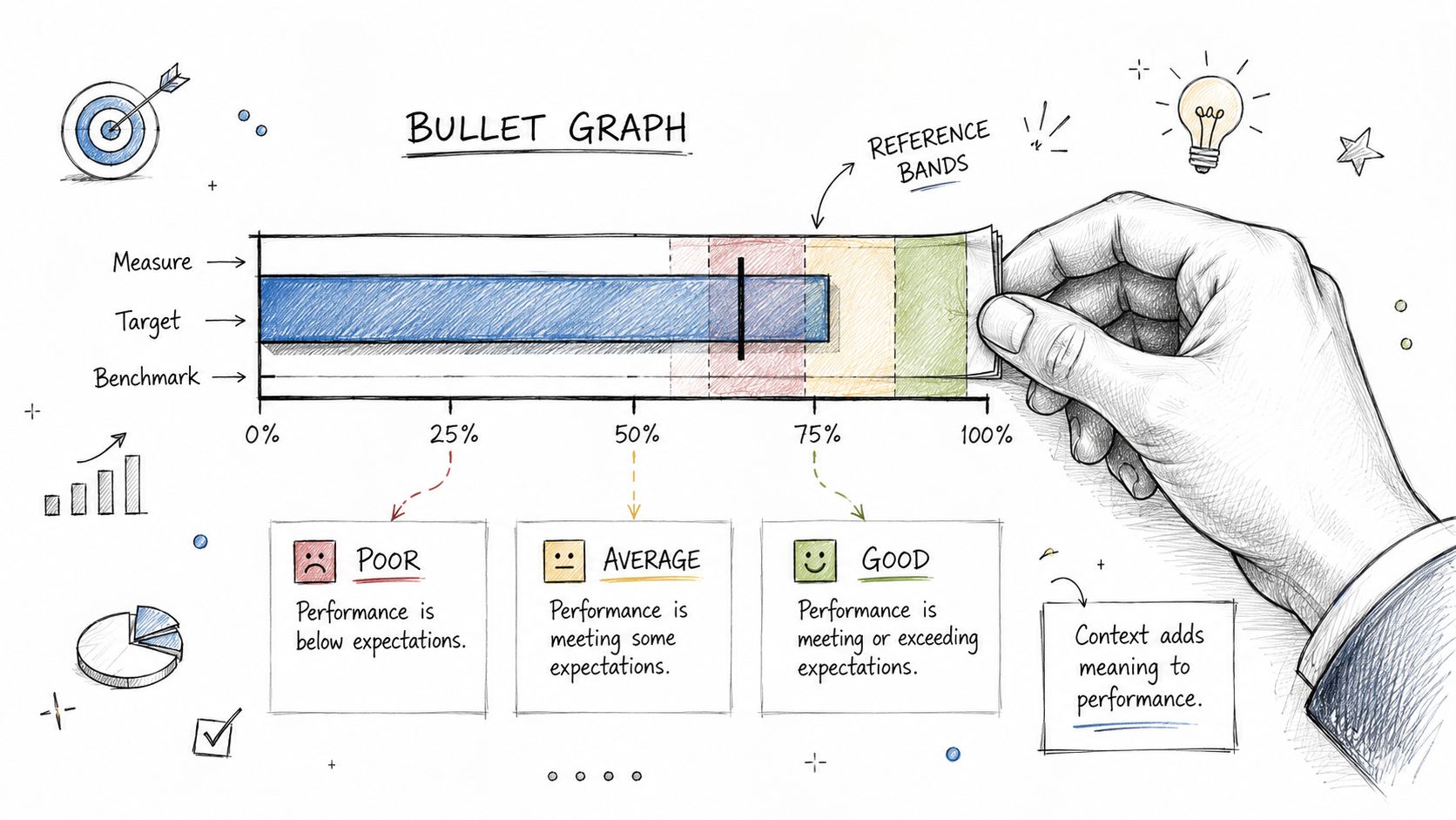 A hand-drawn illustration explaining the concept of a bullet graph with reference bands and performance metrics.